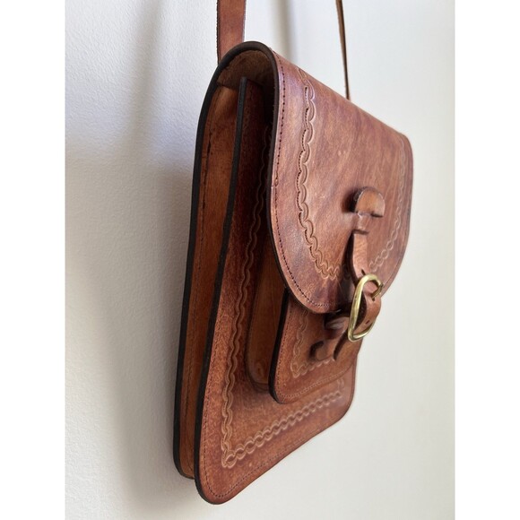 Vintage Handcrafted Leather Crossbody Bag Brown Brass Buckle Unisex - Picture 3 of 16